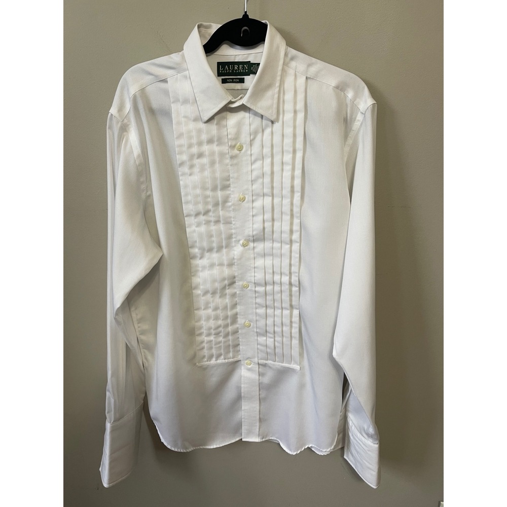Lauren Ralph Lauren Mens White Pleated Bib Tuxedo Shirt Non Iron 16 34/35 Cotton